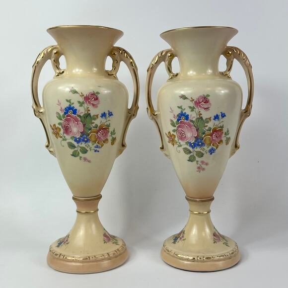 2 Tyndale Porcelain Vases Fine China Double Handle Hand Painted Floral Vintage - Picture 1 of 16